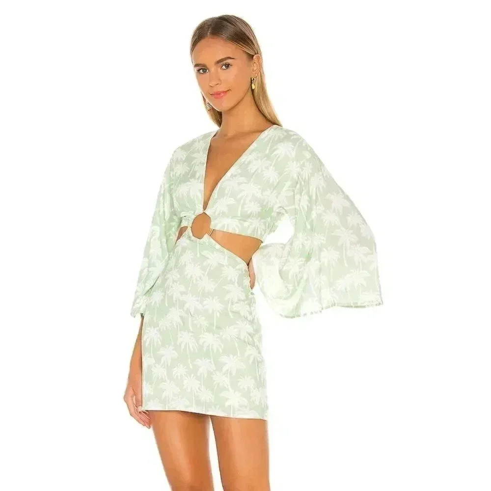 Lovers + Friends S Maysa Kimono Dress Palm Tree Print Green White Rayon Lined Sm